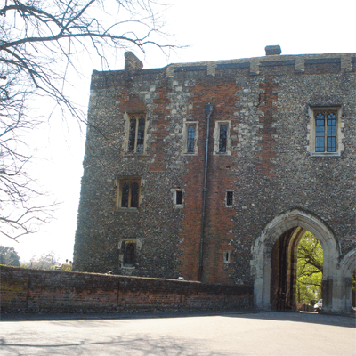The flint and brick Abbey Gateway, the surviving gatehouse of the monastery