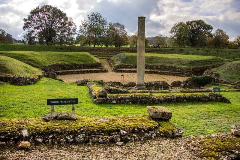 The excavated remains and central column of the Roman Theatre of Verulamium