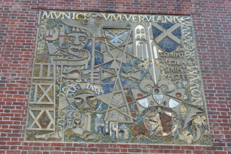 The Municipium Verulamium mosaic relief set into a brick wall